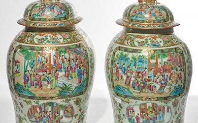 A Large Pair of Chinese Rose Medallion Porcelain Jars and Covers