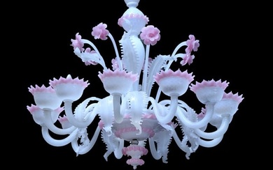 A Large Venetian - Murano Silk White & Pink 12 lights Chandelier