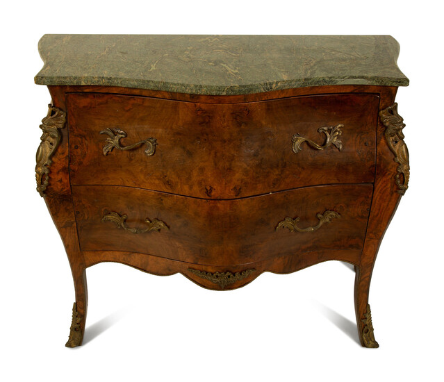 A Louis XV Style Gilt Metal Mounted Marble Top Bombe Commode