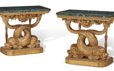A MATCHED PAIR OF REGENCY GILTWOOD CONSOLE TABLES