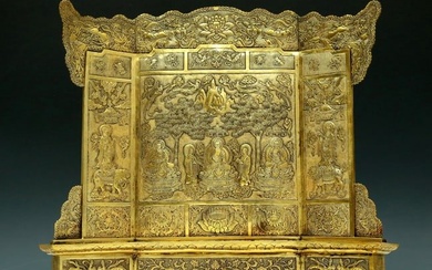 A Magnificent Gilt-Bronze 'Buddha Shakyamuni' Table Screen With Buddhist Sutra Scriptures On The Bac