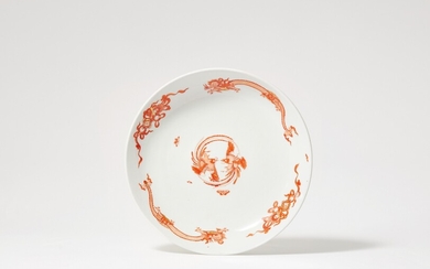 A Meissen porcelain dish with a red dragon and K.H.K mark