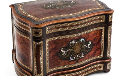 A Napoleon III mother-of-pearl and brass inlaid thuya liqueur cabinet, third quarter 19th century, the hinged cover and sides enclosing a rosewood veneered interior with a lift-out gilt-bronze stand with four etched decanters and stoppers and...