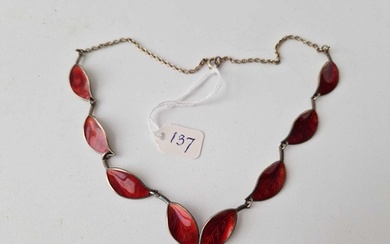 A Norwegian red enamel silver leaf panel necklace by David A...