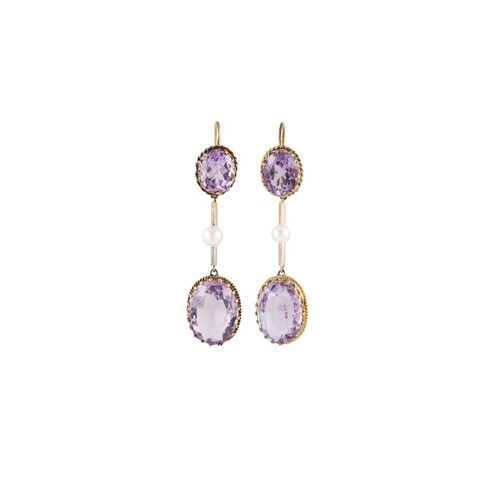 A PAIR OF AMETHYST AND PEARL EARRINGS, each comprising two o...