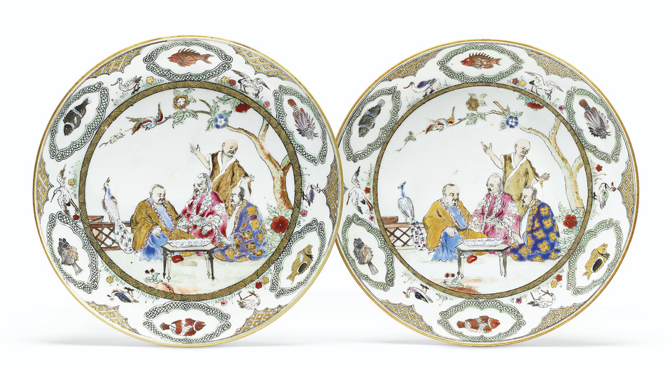A PAIR OF FAMILLE ROSE 'PRONK DOCTORS' SAUCER DISHES, QIANLONG PERIOD, CIRCA 1738