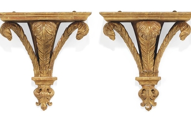 A PAIR OF GEORGE III-STYLE GILTWOOD WALL BRACKETS, MID-20TH CENTURY, POSSIBLY SUPPLIED BY MANN & FLEMING