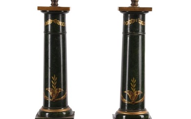 A PAIR OF GREEN TOLE PEINTE LAMPS IN EMPIRE STYLE