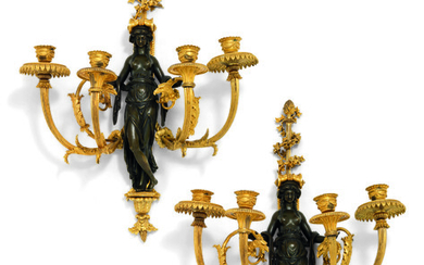 A PAIR OF LATE LOUIS XVI ORMOLU AND PATINATED-BRONZE FOUR-BRANCH WALL-LIGHTS
