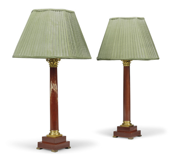 A PAIR OF ORMOLU-MOUNTED ROUGE GRIOTTE MARBLE COLUMN LAMPS, 19TH CENTURY