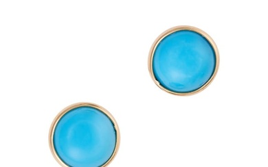 A PAIR OF RECONSTITUTED TURQUOISE STUD EARRINGS each set with a round cabochon reconstituted