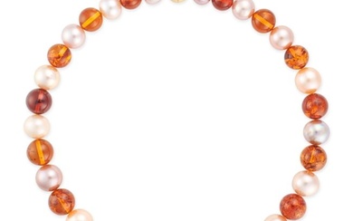 A PEARL AND AMBER NECKLACE comprising a single row of alternating pearls and amber beads, stamped