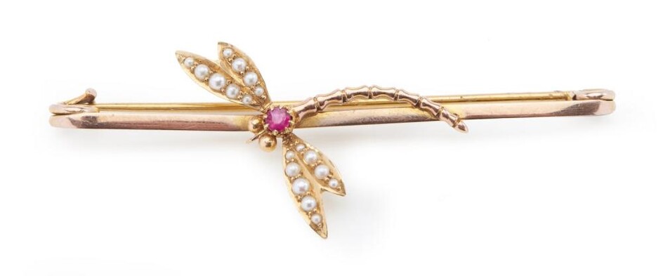A PEARL AND GEM SET DRAGONFLY BROOCH