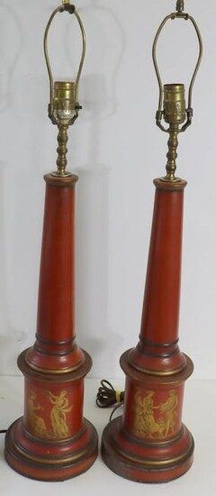 A Pair Of Antique Tole Metal Columnar Form Lamps