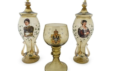 A Pair of Bohemian Enameled Glass Pokals and a Roehmer