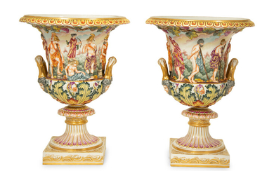 A Pair of Capodimonti Campana-Form Relief Molded Urns