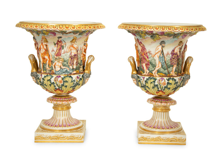 A Pair of Capodimonti Campana-Form Relief Molded Urns
