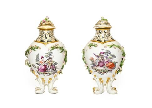 A Pair of Chelsea Gold Anchor Period Porcelain Baluster Vases and Covers, circa 1760, of lobed form