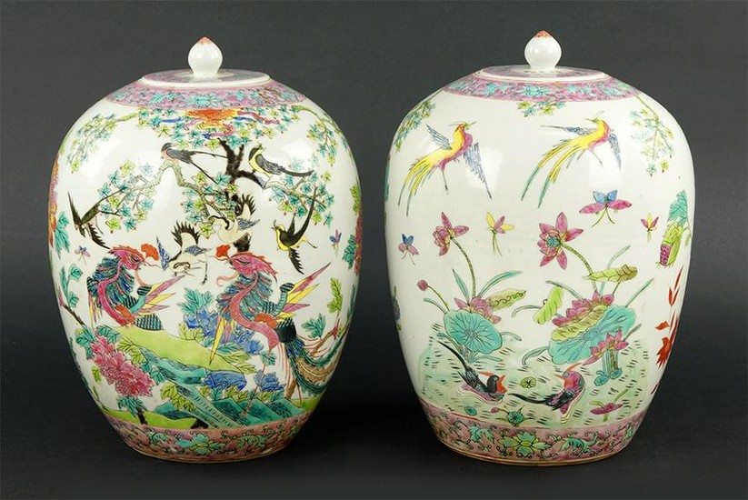 A Pair of Chinese Famille Rose Porcelain Covered Jars.