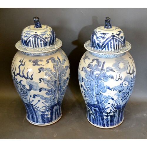 A Pair of Chinese Large Underglaze Blue Decorated Covered Va...