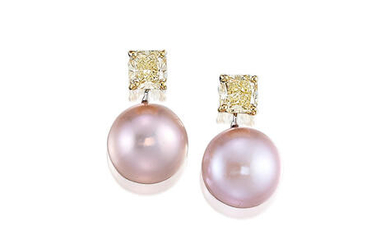 A Pair of Fancy Coloured Diamond and Cultured Pearl Pendent Earrings,, by Graff