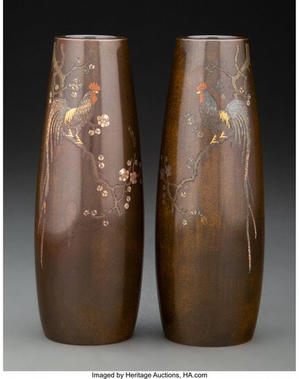 A Pair of Japanese Mixed Metal Vases, Meiji Peri