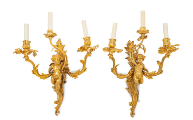 A Pair of Louis XV Style Gilt Bronze Figural Three-Light Sconces