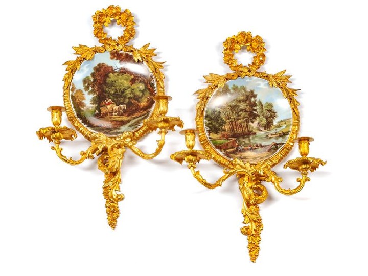 A Pair of Louis XV Style Gilt Bronze and Porcelain Two-Light Girandoles
