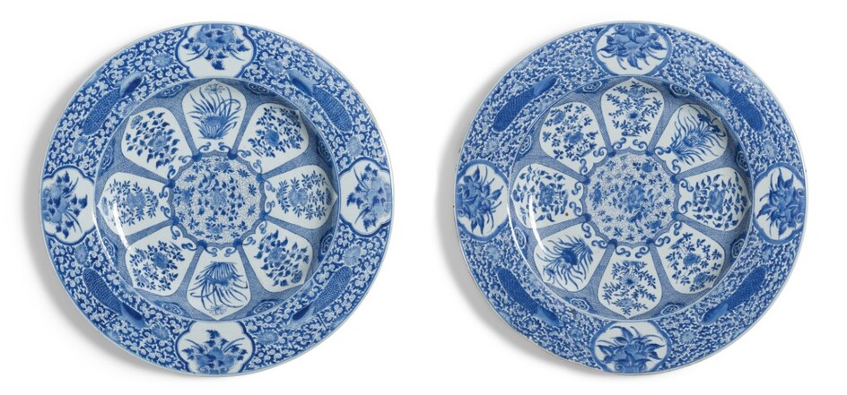 A Pair of Massive Chinese Export Blue and White 'Peacock' Pattern Chargers, Qing Dynasty, Kangxi Period | 清康熙 青花孔雀花卉紋大盤一對