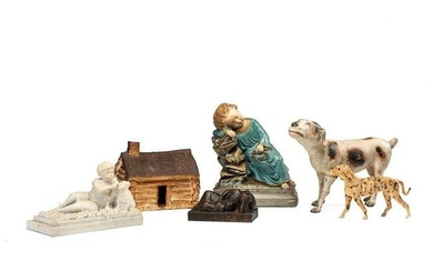 A Plaster Child's Log Cabin, Toy Dogs and Sculpture of
