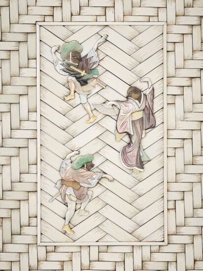 A RARE WOOD AND SHIBAYAMA-INLAID IVORY ‘BASKET WEAVE’ BOX AND COVER WITH SPARROW DANCERS