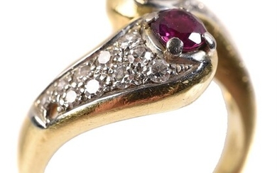 A RUBY, SAPPHIRE AND DIAMOND CROSSOVER RING