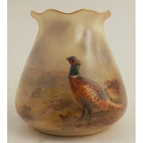 A Royal Worcester blush ivory vase, painted with pheasants i...