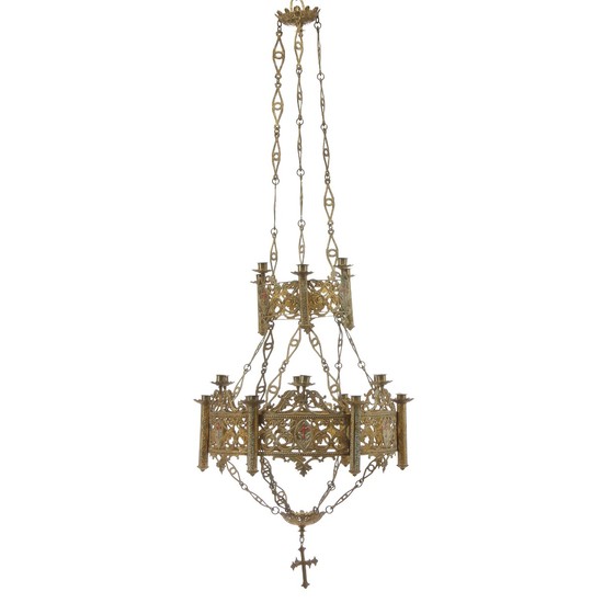A Russian 12-light gilt-bronze chandeler. Late 19th century. H. 160 cm. Diam. 54 cm.