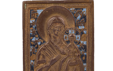 A Russian brass and enamel icon of Mother of God of Smolensk