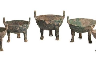 A SET OF FIVE BRONZE TRIPOD INSCRIBED VESSELS, DING China,...