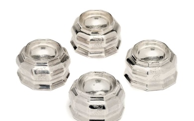 A SET OF FOUR GEORGE I SILVER TRENCHER SALTS, EBENEZER ROE, LONDON, 1714/15