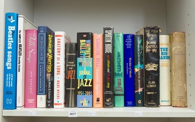 A SHELF OF 20TH CENTURY POPULAR MUSIC REFERENCE, INCLUDING THE FOLK SONGS OF NORTH AMERICA, ALAN LOMAX AND THE COMPLETE BEATLES SONGS