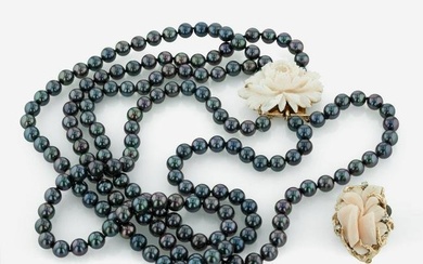 A Set of Coral, Black Pearl, and Diamond Jewelry