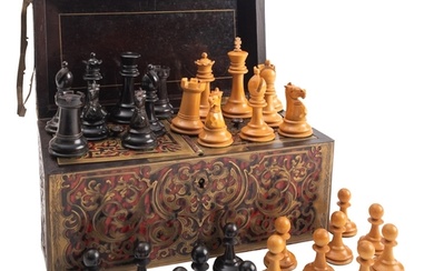 A Staunton pattern ebony and boxwood weighted chess set, pro...