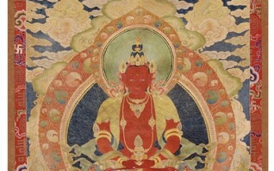 A VERY LARGE AND FINELY EMBROIDERED THANGKA OF AMITAYUS, 18TH CENTURY