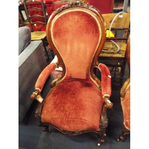 A Victorian French walnut framed spoon back chair with scrol...