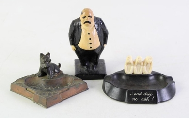 A Vogue bakelite monkey themed ashtray together with a brass dog example and a cast iron large man (H12cm)
