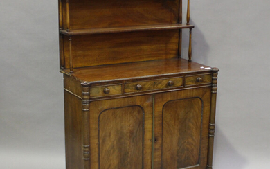 A William IV figured mahogany chiffonier with egg and dart mouldings, the shelf back above three sho