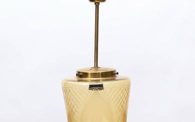 A ceiling lamp, etched glass/brass, first half of the 20th century.