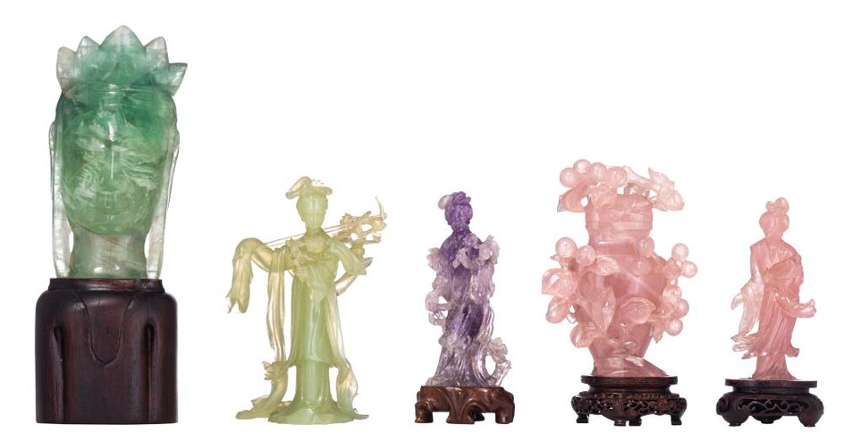 A collection of Chinese semi-precious stone figures, late 19thC - 20thC, H 12,5 - 18 cm