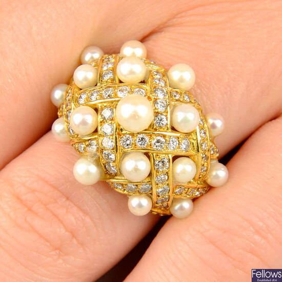 A cultured pearl and diamond bombe lattice dress ring.