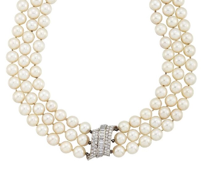 A cultured pearl and diamond necklace, the cultured...
