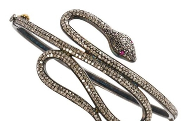 A diamond and blackened sterling silver bangle bracelet