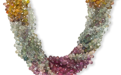 A fancy-colored sapphire, diamond and fourteen karat gold torsade necklace
